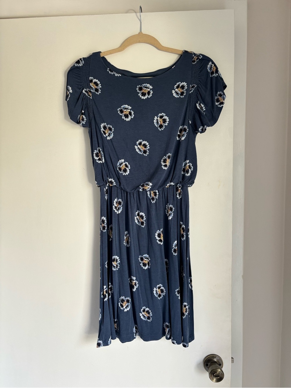 LOFT Navy Floral Midi Dress with Puff Sleeves
